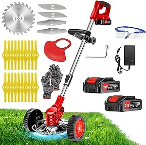 Cordless Weed Wacker Electric Grass Trimmer 21V Battery Powered Weed Trimmer, 3-in-1 Brush Cutter Weed Cutter Lawn Edger with 3 Types Blade & Wheels Lightweight for Garden and Yard Lawn