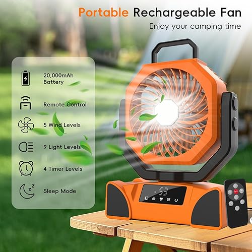 Miniatura 2 de Ventilador de camping portátil de 20000 mAh, ventilador de batería recargable con control remoto y oscilación, pantalla LED, luz, temporizador,