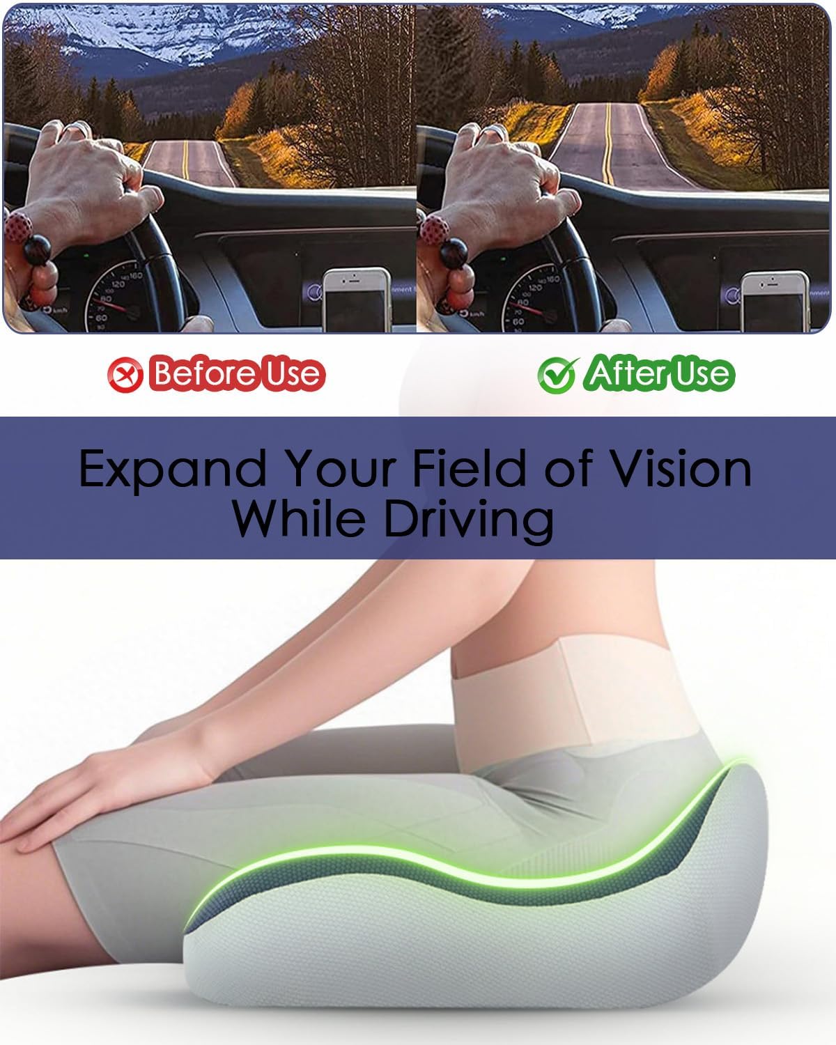Adult Booster Seat Cushion for Car Truck - 4.7″ Thick Ergonomic Memory Foam Car Seat Cushions for Driving to Raise Height - Comfort Orthopedic Driver Seat Pillows for Sciatica Pain Relief, Black