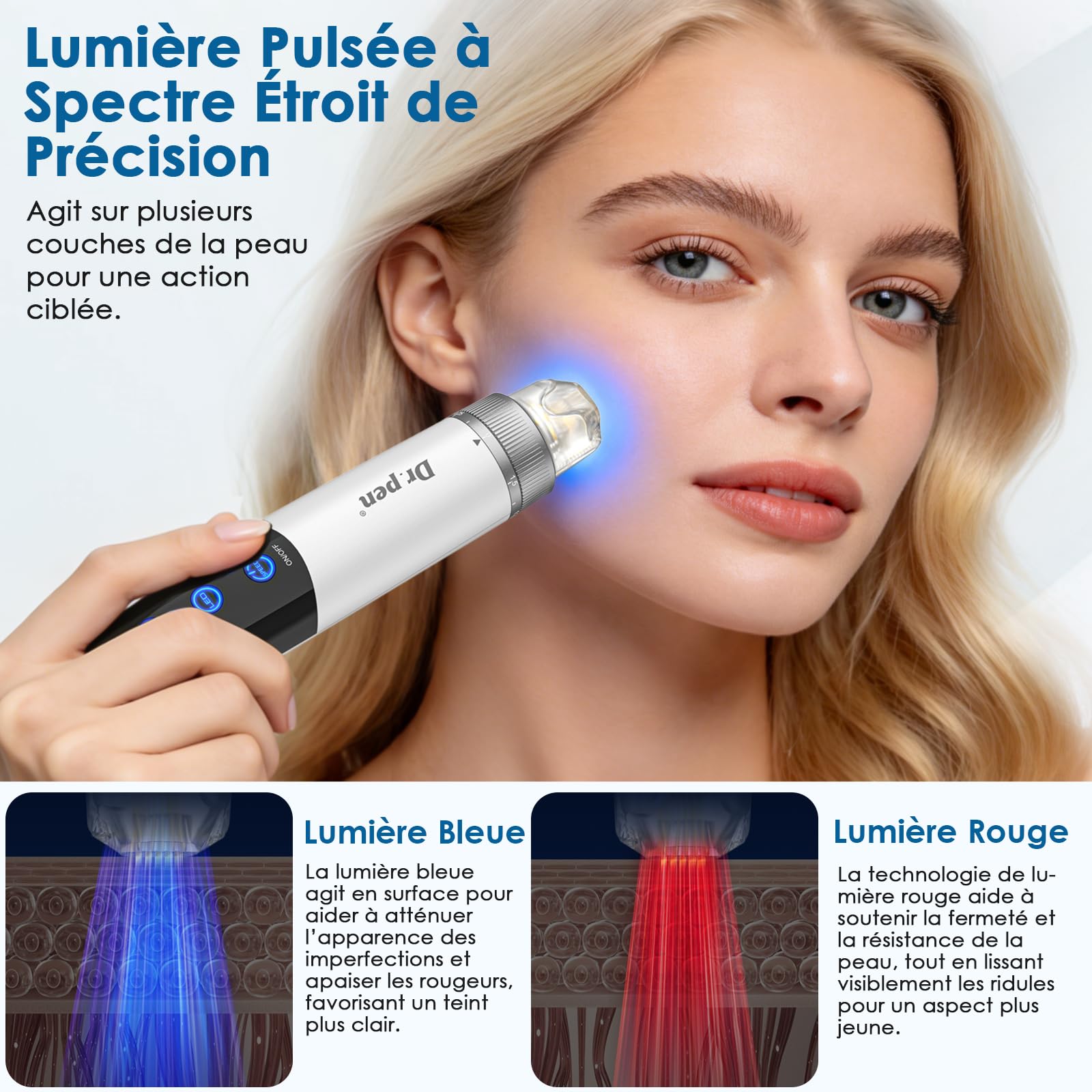 Dr. Pen Q1S Microneedling Pen, 3-EN-1 : Lumière Rouge et Bleue, 5 vitesses, 3 niveaux d'intensité EMS, Sans Fil Dermapen Kit pour Visage, Cuir Chevelu, Corps et Barbe, 2 Micro-Aiguilles.