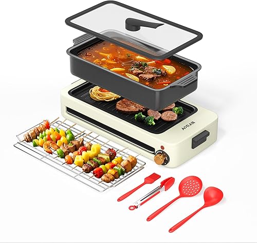 AORAN - Parrilla eléctrica para interiores, barbacoa sin humo de 1700 W, olla caliente y plancha con 4 herramientas gratuitas, control de