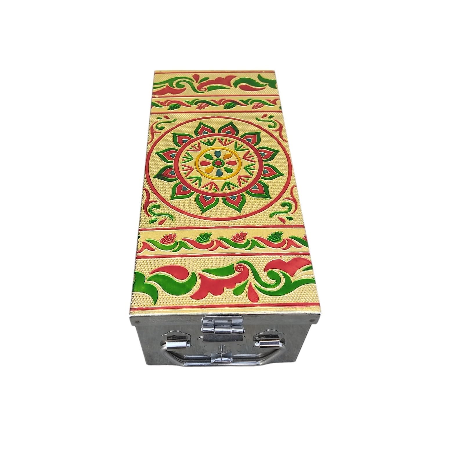 Stainless Steel Storage Box, Jewellery box, Pooja peti, Vanity, Safe Locker Cash Box With Handicrafts Digital Minakari Laser Print Design Size-10 Inch (L - 27.5 cm, W-11.5 cm, H - 8.5 cm)-image-47