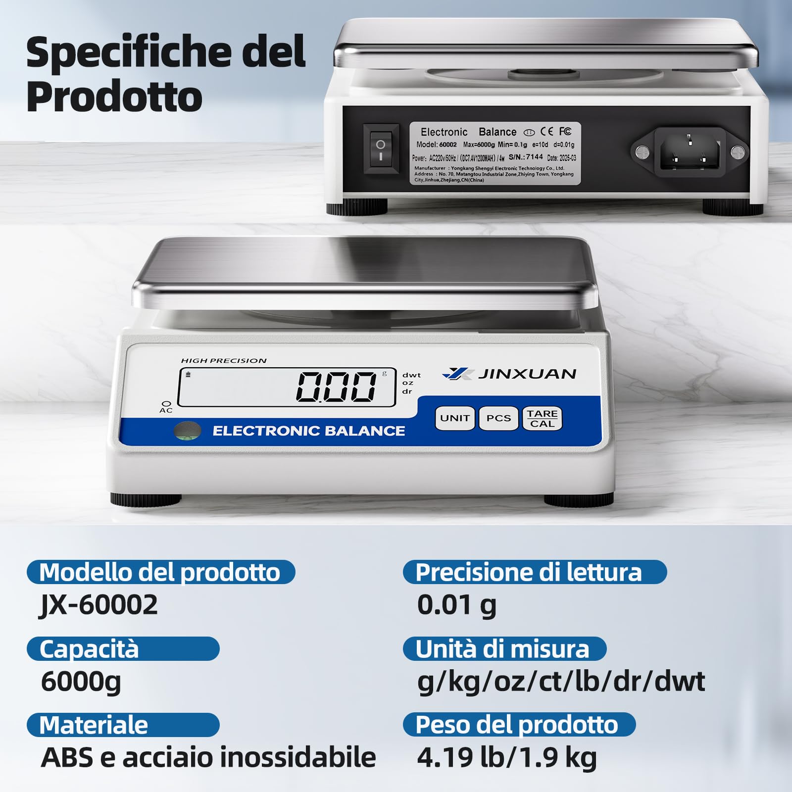 Bilancia da laboratorio, 6000 g x 0,01 g, bilancia analitica di precisione, bilancia digitale per gioielli, con una precisione di 0,01 g