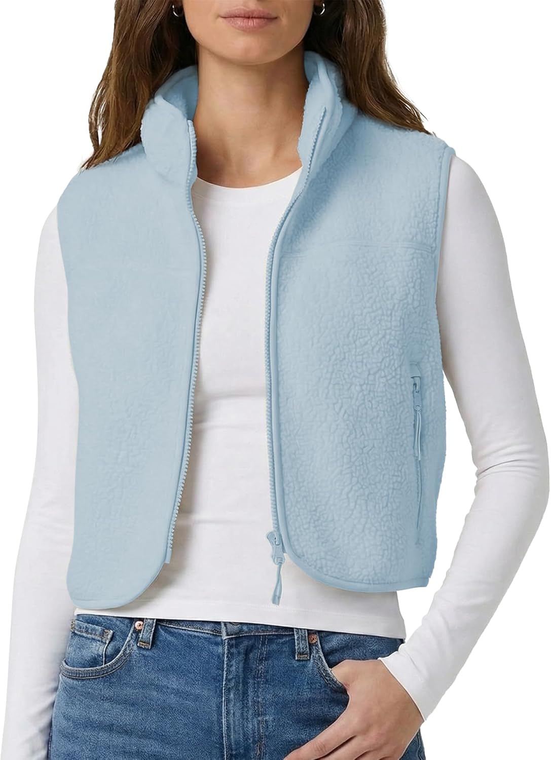 CUBRIDGE Cropped Fleece Vest Women Zip Up Stand Collar Warm Sherpa Vest Fall Cute Sleeveless Fleece Waistcoat with Pocket