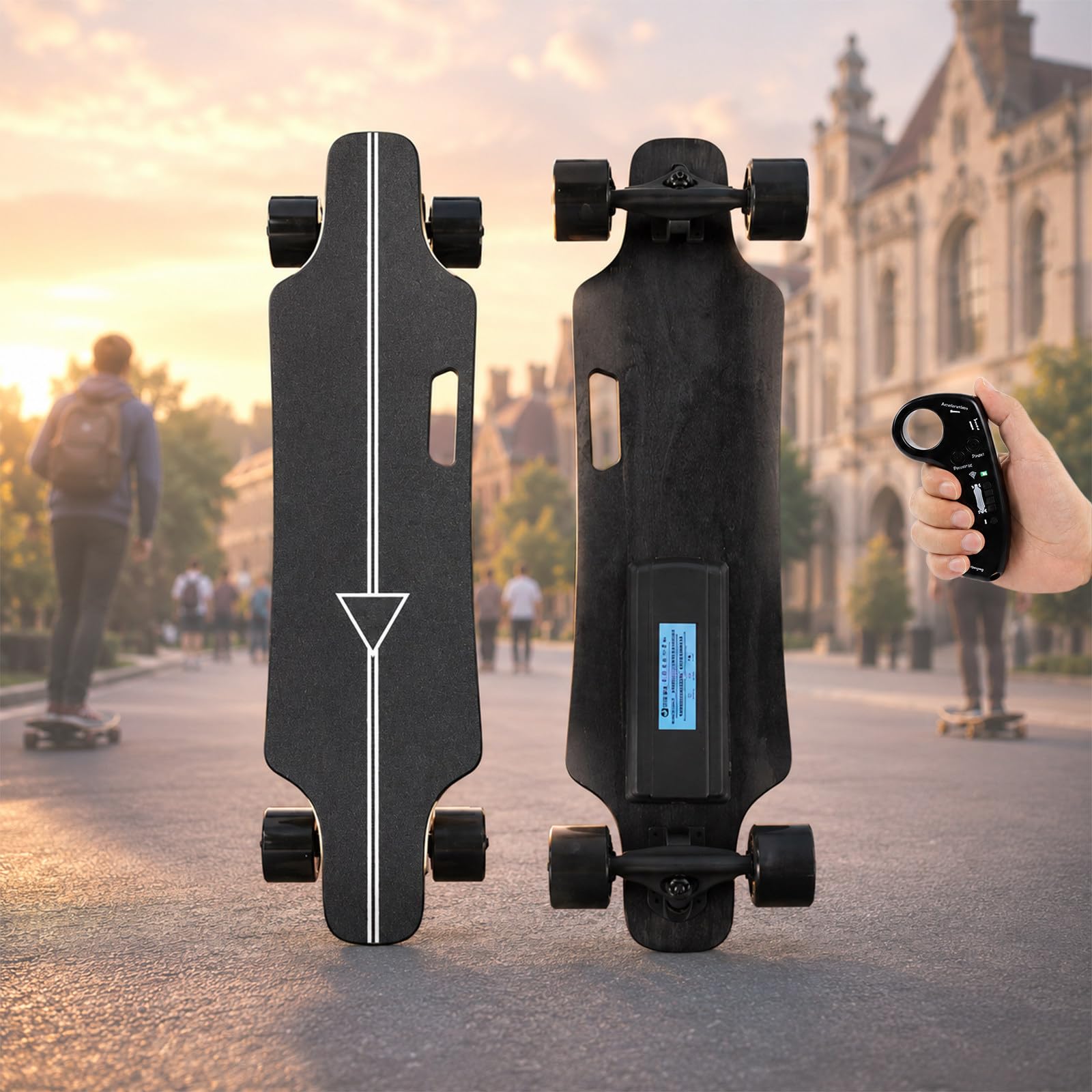 Longboard motorisé Tout-Terrain, Skateboard électrique avec télécommande, 8-25 km/h, 4 Vitesses, freinage en Douceur, Plateau en érable 90 kg, pour Adultes et Ados 15kM