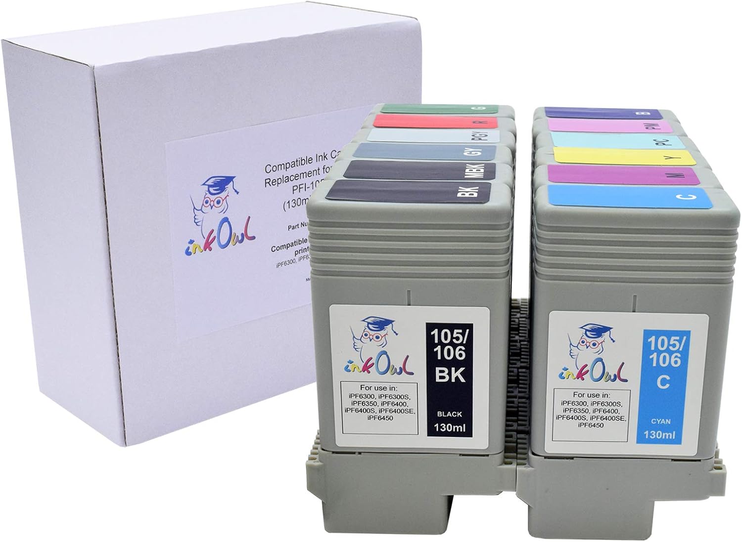 InkOwl Compatible Ink Cartridge Replacement for Canon PFI-105, PFI-106 (130ml, 12-Pack) for iPF6300, iPF6350, iPF6400, iPF6450 Printers