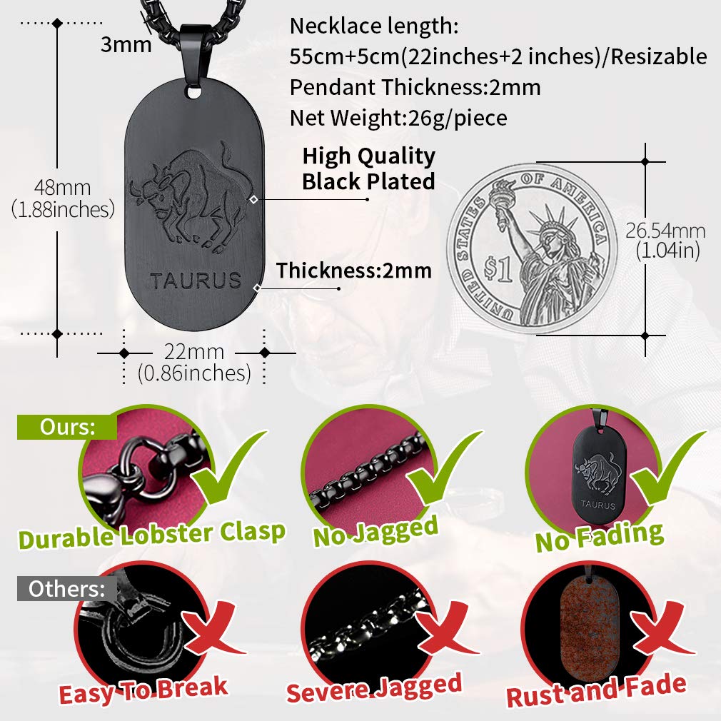 FaithHeart Collier Signe Astrologique Homme Femme Noir Acier Inoxydable,Pendentif Plaque Militaire Zodiaque avec Chaîne Réglable