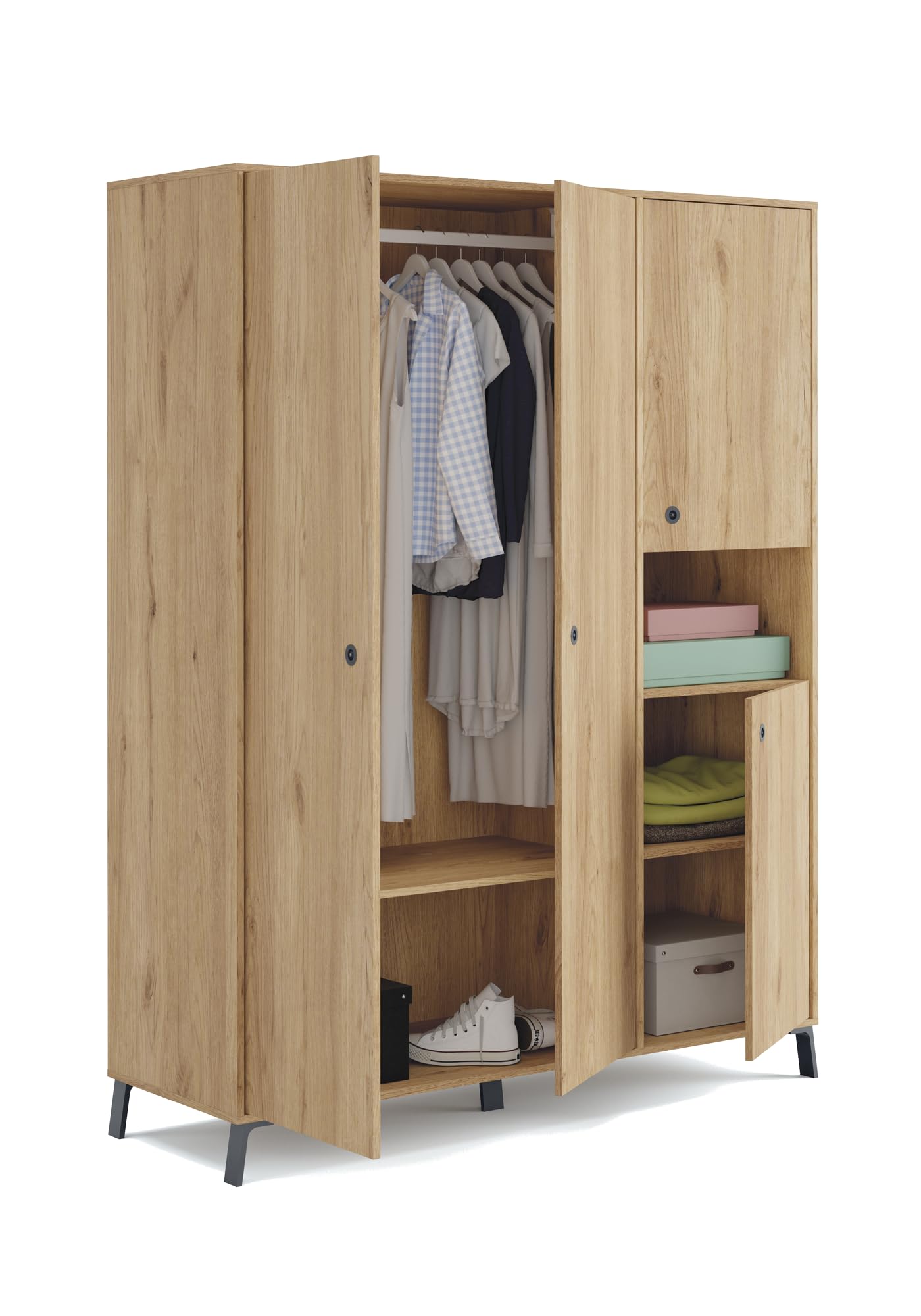 Muebles Pitarch | Armadio da Camera a 4 Ante, 1 Scomparto e 4 Ripiani, Piedini e Maniglie Neri, Rovere , 200x150x55 cm , Industriale, Moderno,
