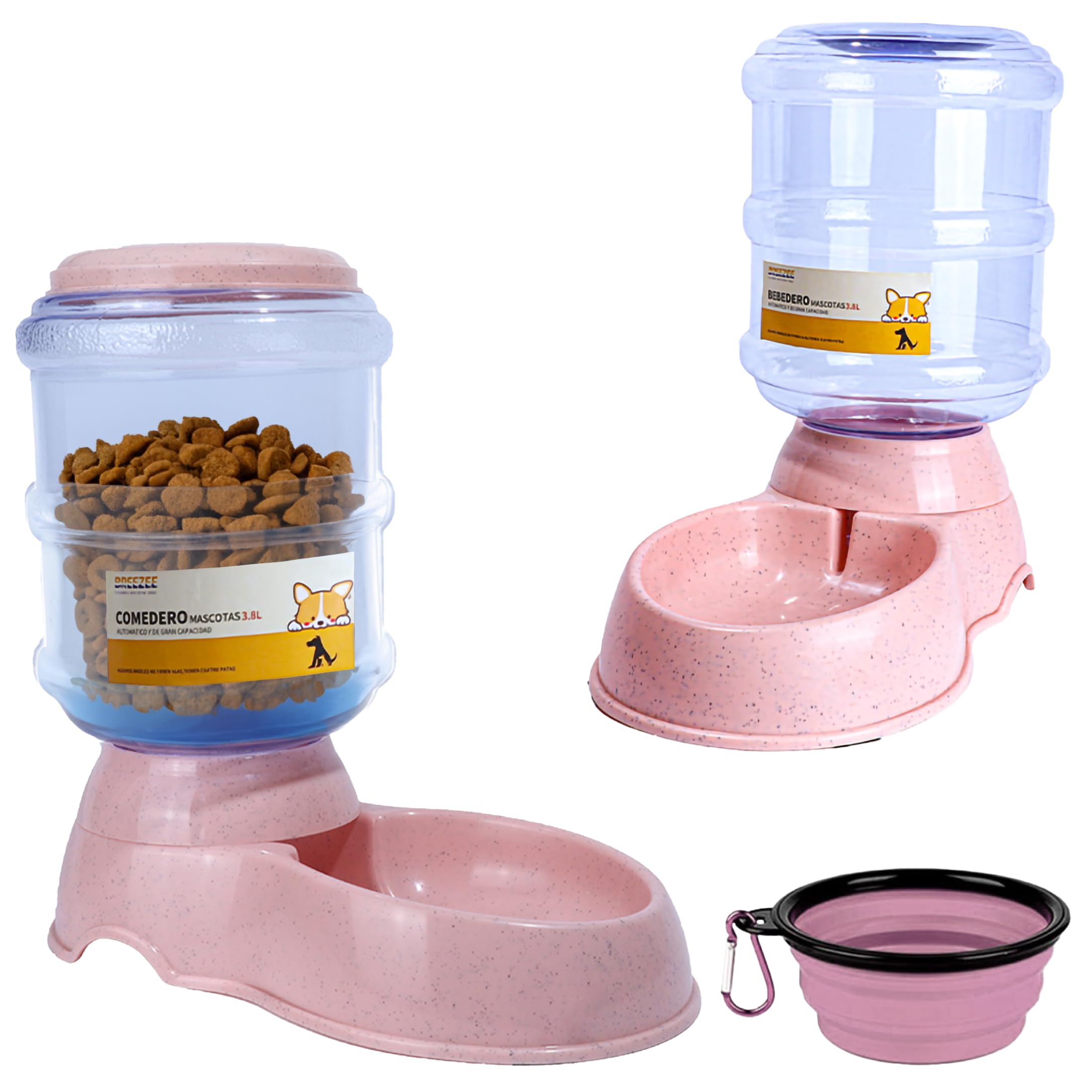 BREEZEE Alimentador Set Bebedero y Comedero Automático para Perros, Gatos y Otras Mascotas, 2 en 1 Dispensador de Agua y Dosificador de Alimento Croquetas Contenedor Dosificador Libre BPA Mascota