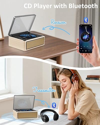 Miniatura 3 de Reproductor de CD retro con entrada y salida Bluetooth, reproductor de CD portátil, radio FM, reproductor de música de madera, batería de 3000 mAh,