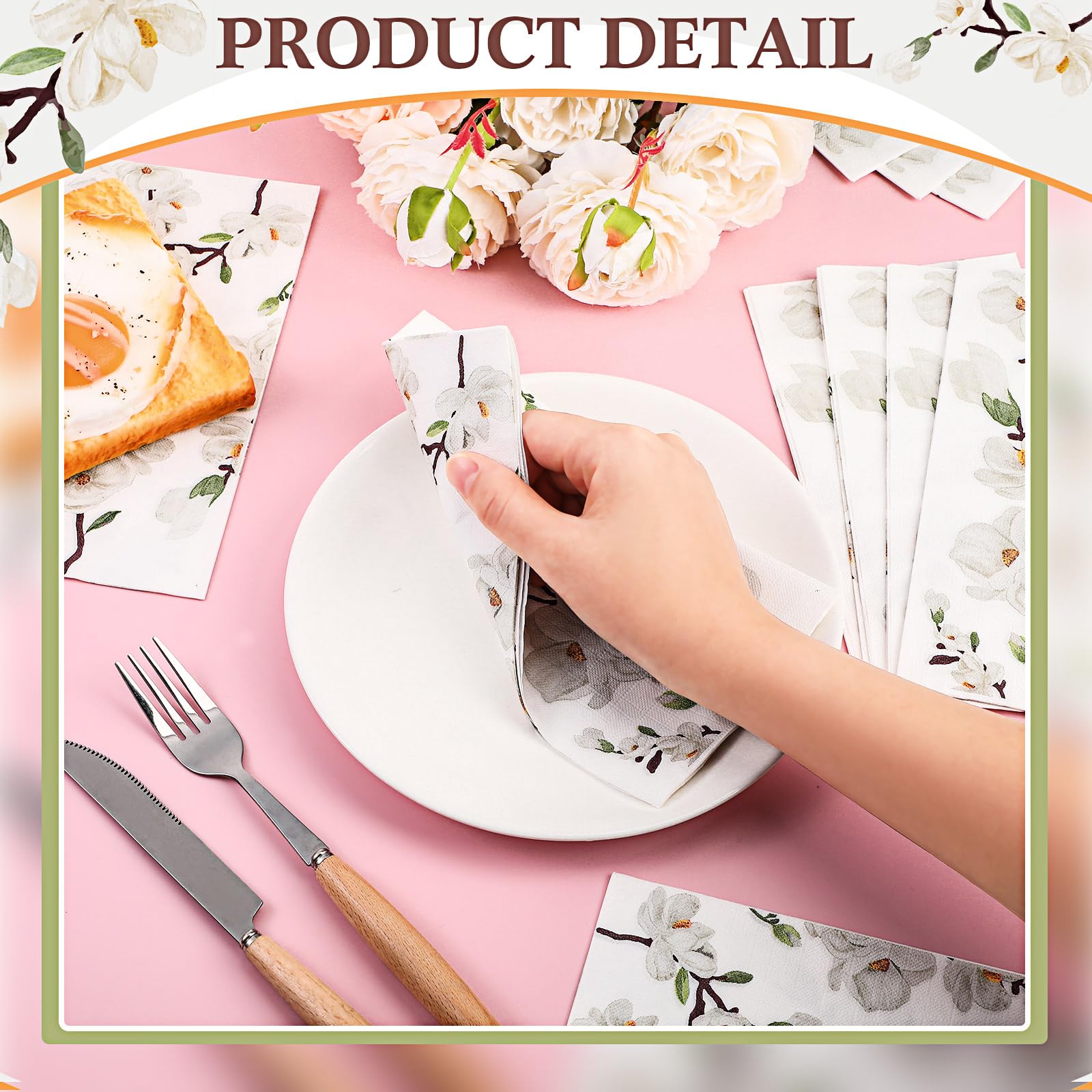 Outus 200 servilletas de flores blancas con magnolia para invitados, 3 capas, servilletas de mano desechables para baño, servilletas de papel decorativas para bodas, fiestas (plegadas de 7.9 x 4.3