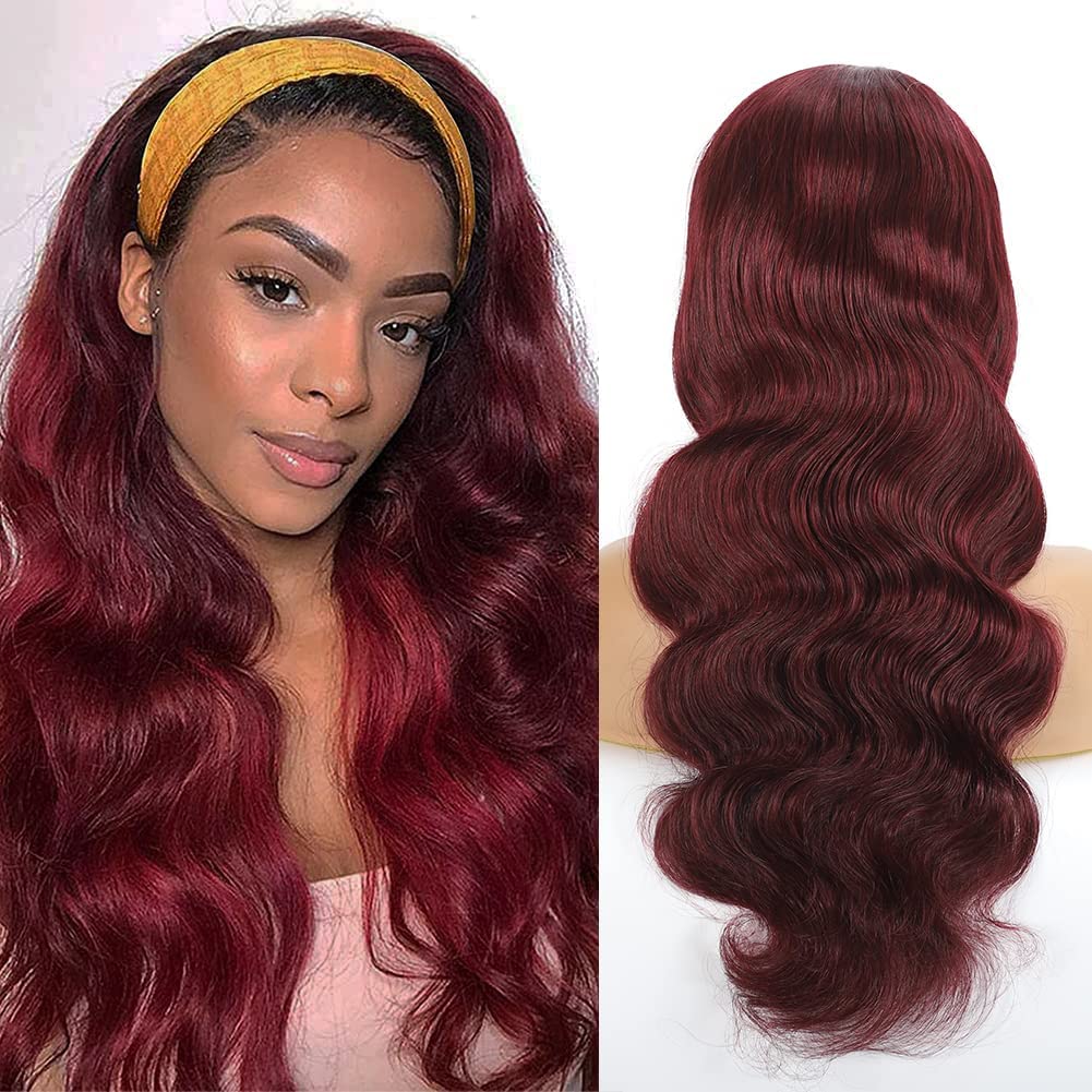99j Headband Wig Human Hair None Lace Front Wig Human Hair Burgundy Headband Wigs Human Hair Headband Wig 99j Headband Wigs for Black Women Human Hair