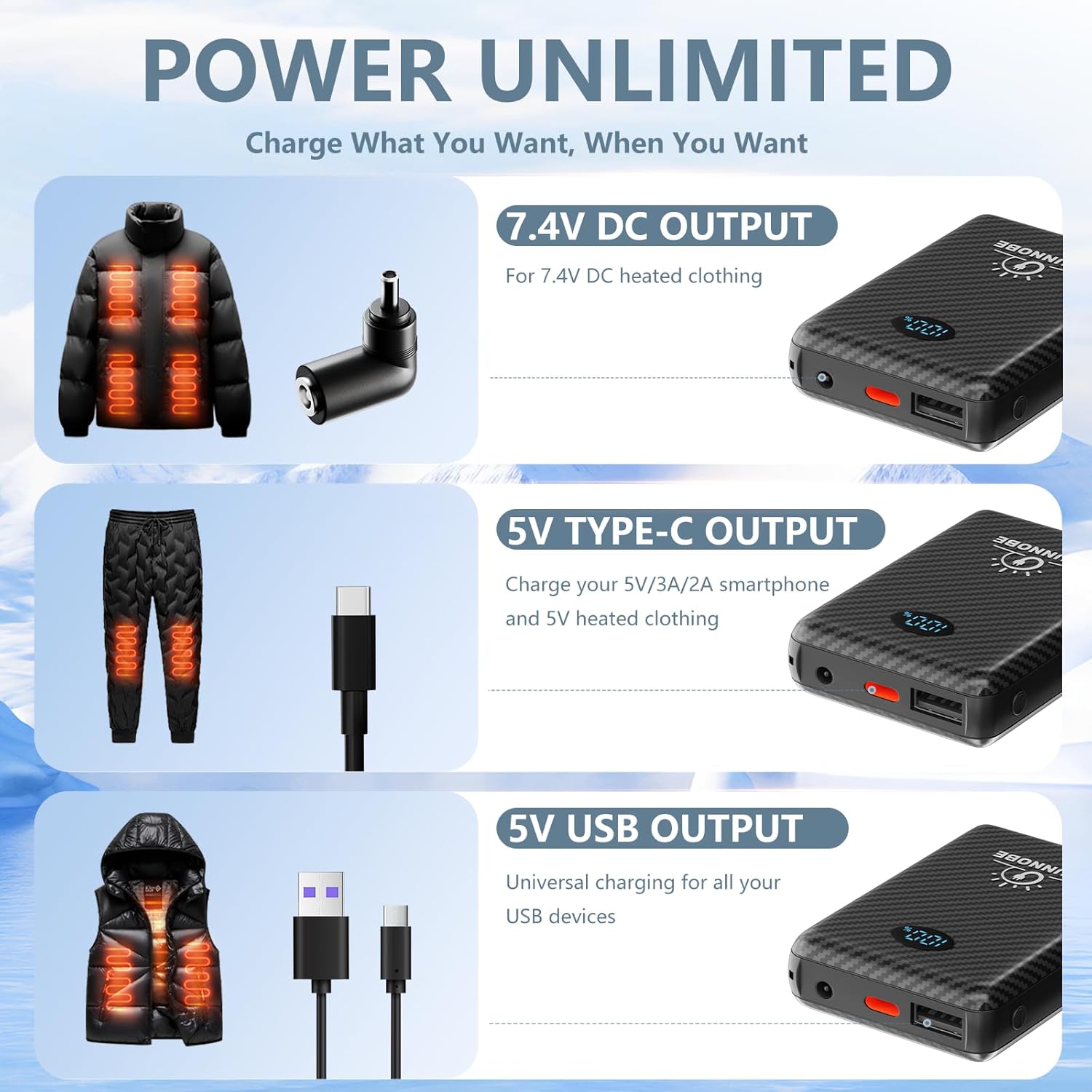 2 Pack 10000mAh Battery Pack Heated Vest for Most Heated Apparel, 7.4V/5V 10000mAh Power Bank for Heated Vest with DC/USB/Type-C Output and LED Display for Heating Clothing and Phones - Image 2
