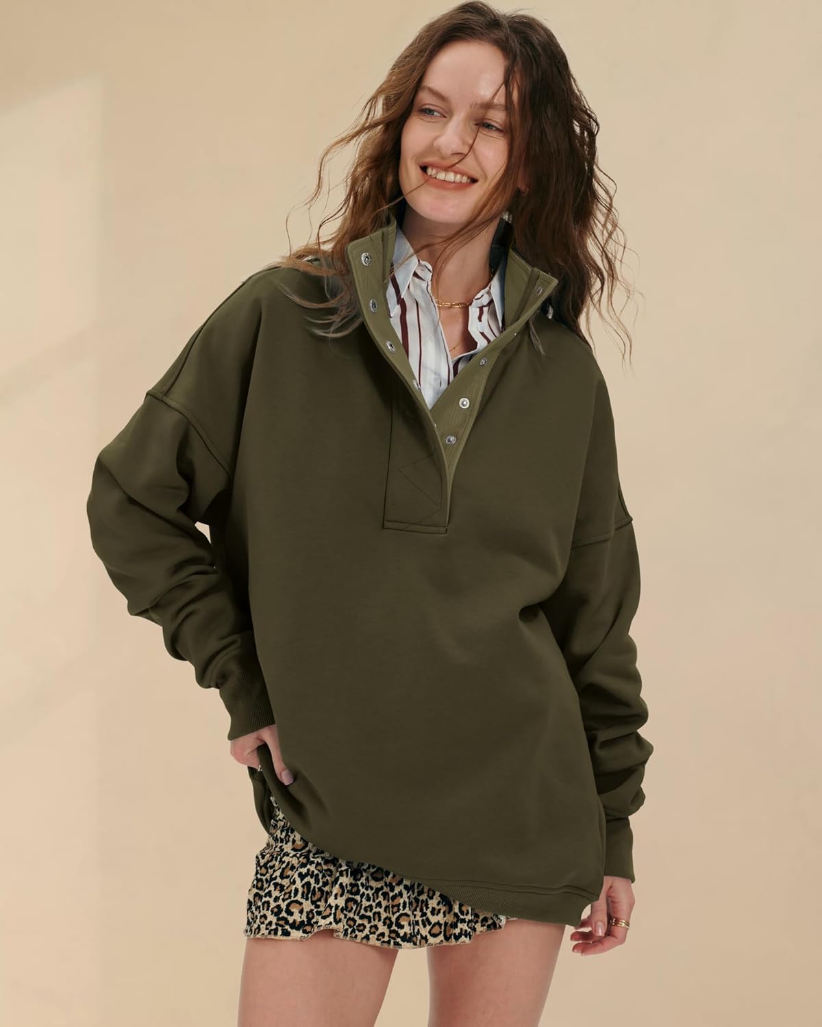 Locachy Womens Casual Button Henley Neck Cotton Oversized Sweatshirt Long Sleeve Pullover Tops Outfits - Image 5