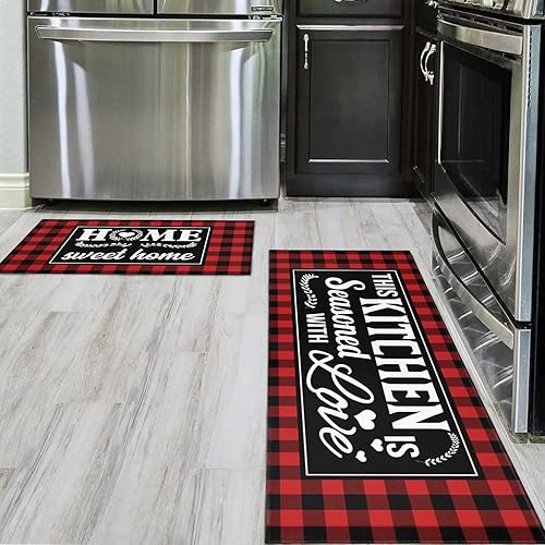 Miniatura 5 de Ideasonna Juego de 2 tapetes de cocina rojos a cuadros de búfalo, lavables, antideslizantes, para piso, 2 piezas, decoración de cocina roja