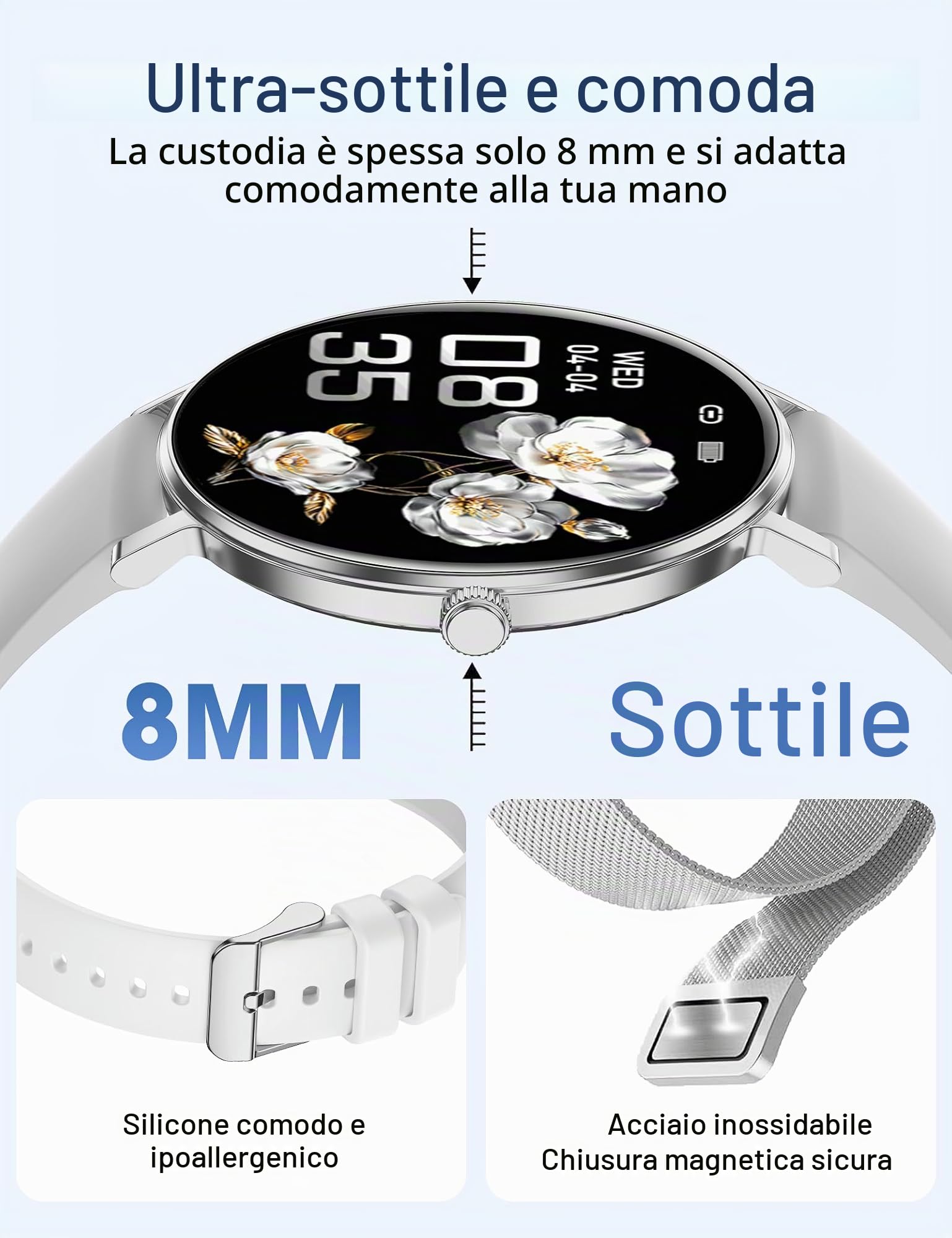 Smartwatch Donna Uomo,1.32" AMOLED Display Smart Watches,8mm Ultra Sottile,7 Giorni di Batteria,Chiamate BLE5.3,Frequenza Cardiaca,Sonno,Contapassi,IP68 Orologio Fitness per Android/iOS Argento