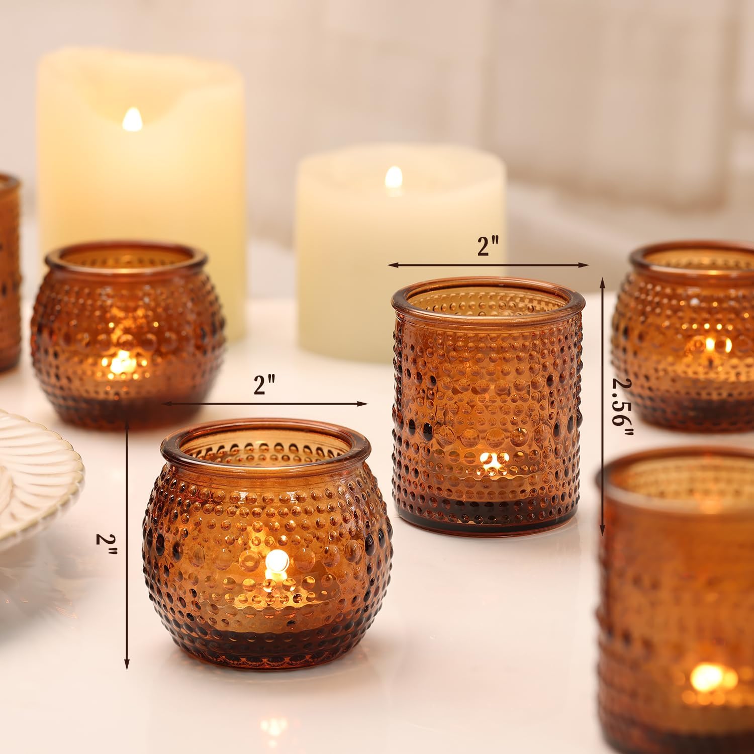 32 Pcs Amber Votive Candle Holders- Vintage Candle Holder for Rustic/Boho Wedding Table centerpieces, Bridal Shower, Baby Shower Decoration