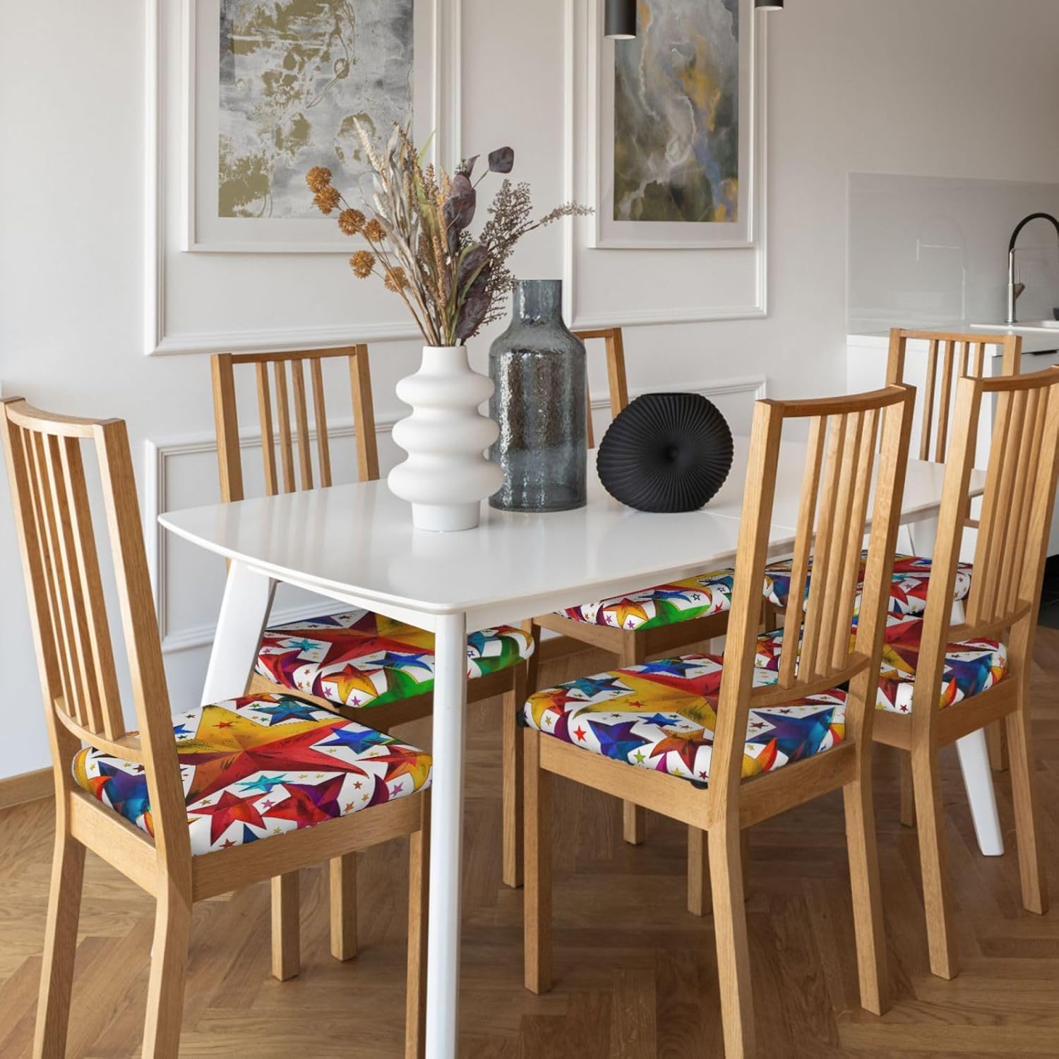 Colorful Star Print Square Cushion Covers 6 Pcs Set Elastic Non-Slip Seat Cushion Slipcovers Pet Furniture Protectors for Chair, Sofa