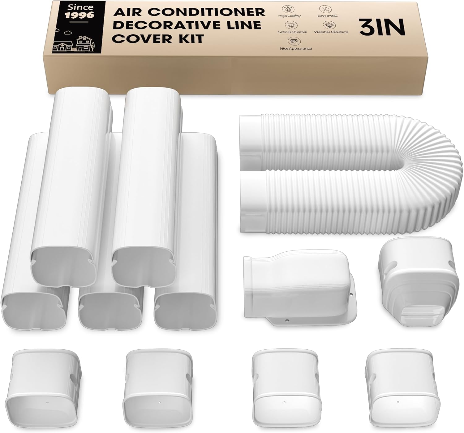 9 Ft Cover for AC Lines with Flexible Duct, Decorative Upgrade PP 3 Inch Line Set Cover for Ductless Mini Split Air Conditioner, Full Set Suitable for Heat Pumps Indoor & Outdoor