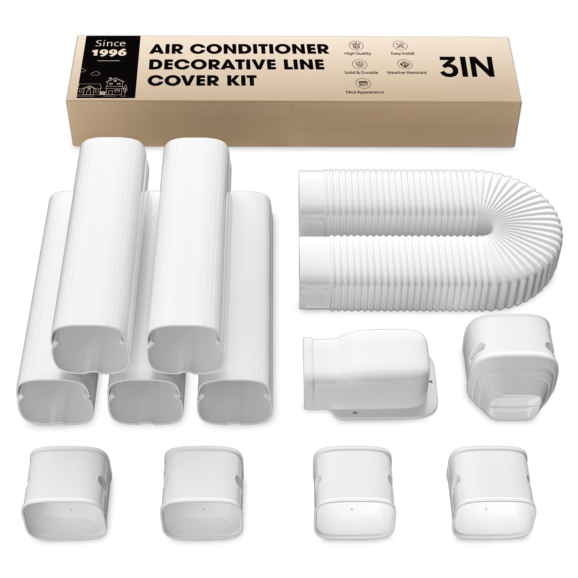 3" W 9Ft L Mini Split Line Set Cover, Air Conditioner Decorative PVC Line Cover Kit, Suitable for Heat Pumps