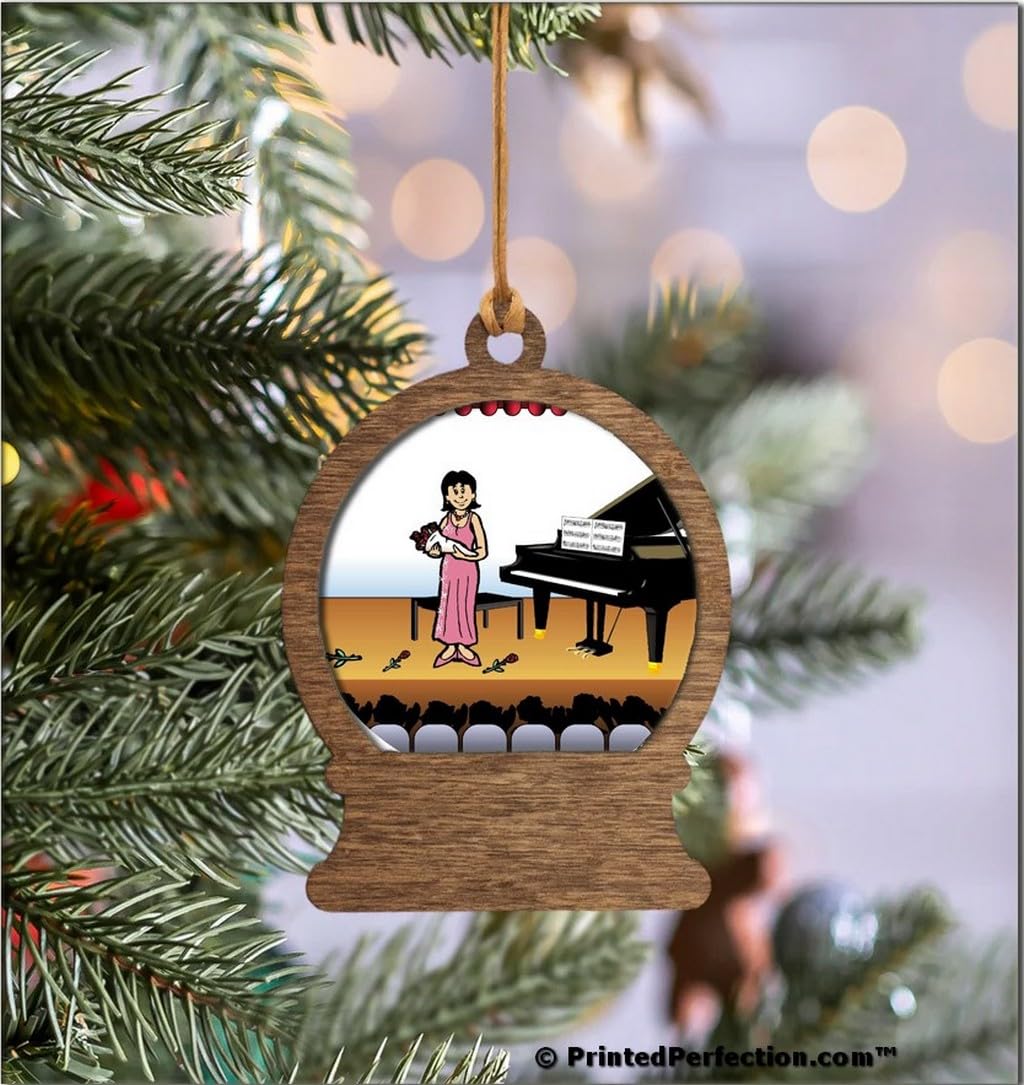 PrintedPerfection.com Personalized Piano Player - Female Wooden Snow Globe Shaped Christmas Ornament