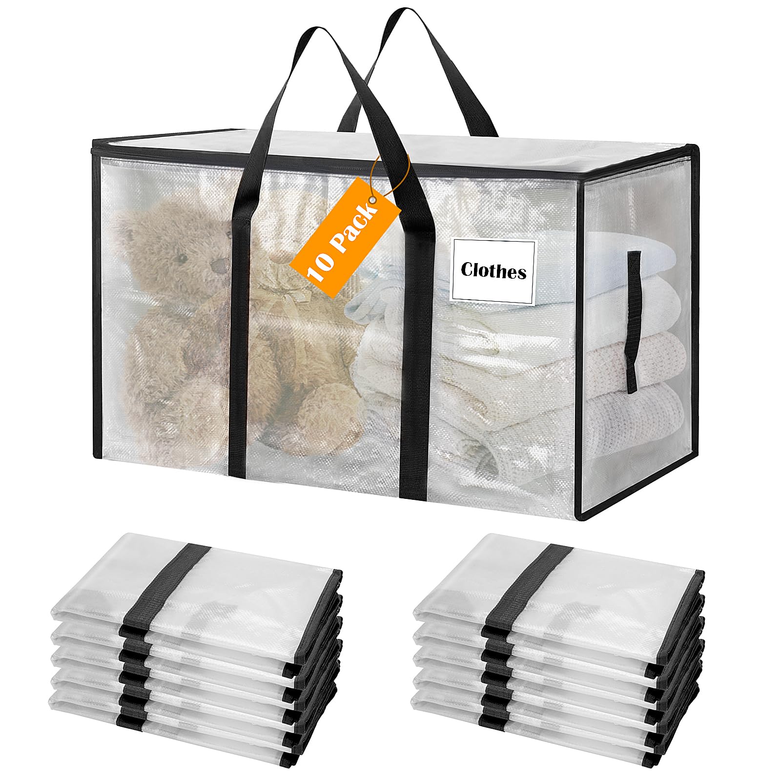Withosent 100L Grande Bolsa de Almacenamiento, 10 Piezas Impermeable Bolsas de Mudanza con Cremallera y Asa, Bolsas para Guardar Ropa Edredones, Alternativa a las Cajas de Mudanza, Transparente