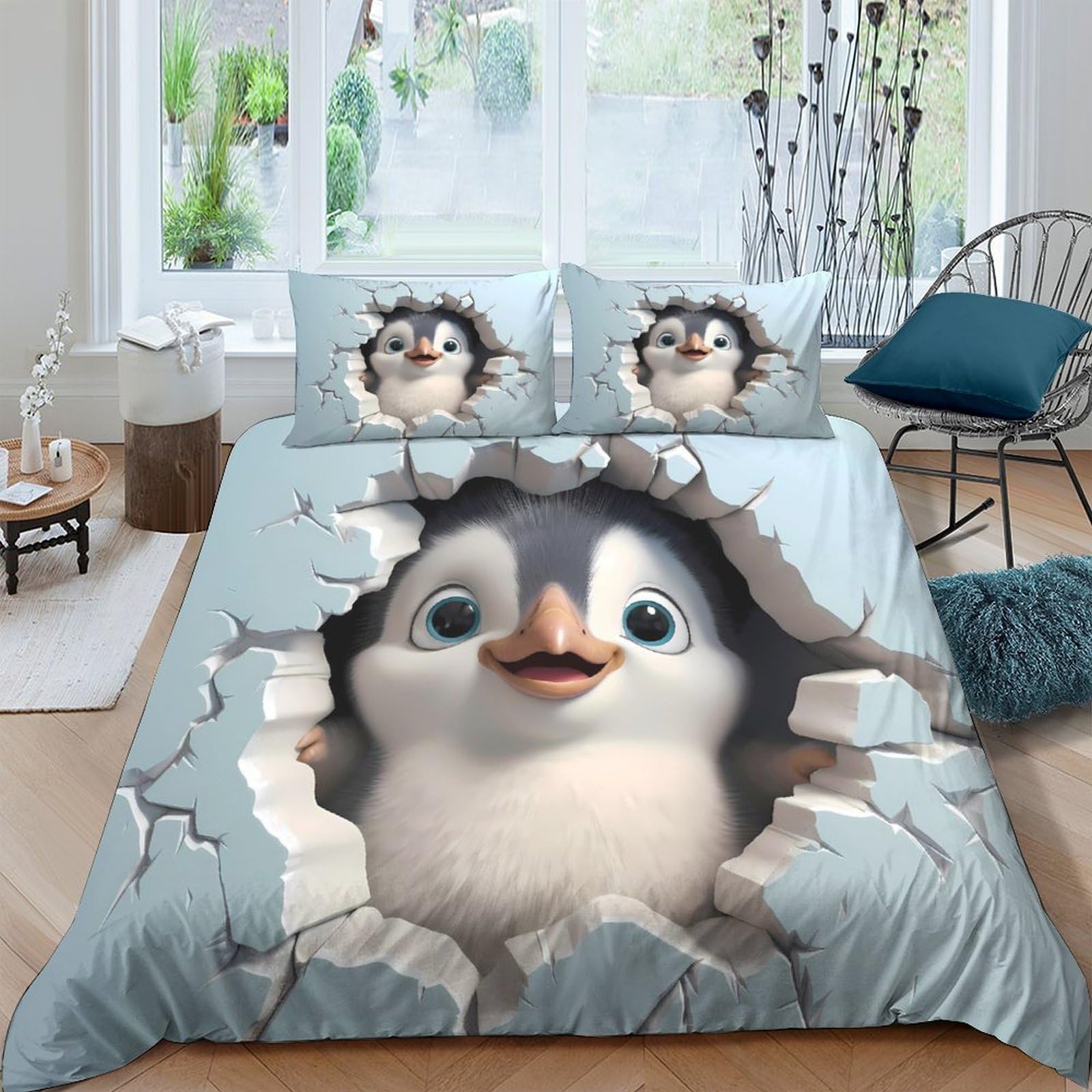 Ctjqhvkz Style-4 3D Printed Cute Penguin Fitted Sheet Microfiber Soft Blue Cartoon Animal Bed Cover For Bedroom Guest Room Decor Single（135X200cm）