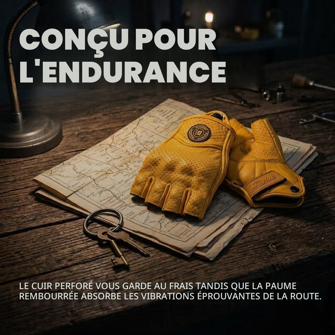 Gants rétro demi-doigts jaunes en cuir unisexe | Perforations respirantes, poignée antidérapante, fermeture