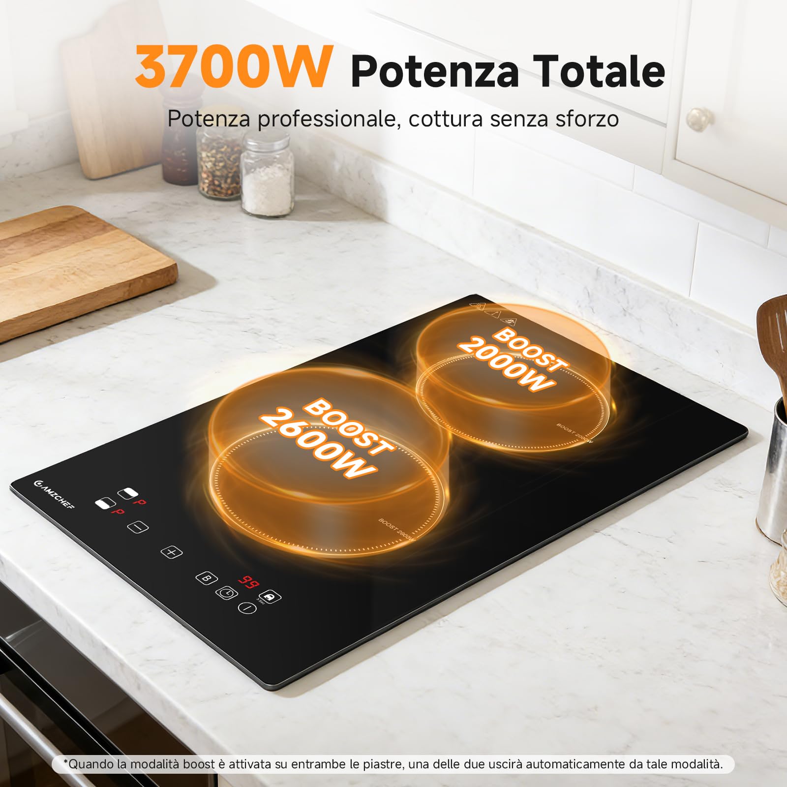 AMZCHEF piastra induzione 2 fuochi, con riscaldamento continuo, 10 livelli di potenza e funzione Boost, blocco di sicurezza e timer, protezione dal surriscaldamento, da incasso/portatile, 3700W