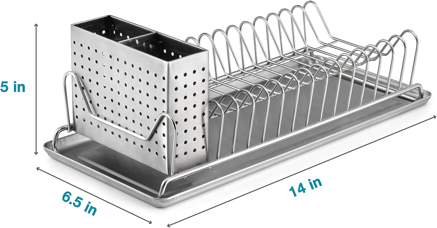 Polder 3-Piece Compact Dish Rack Includes Utensil Holder, Wire Rack and Rimmed Catch Tray - 100% Stainless Stel