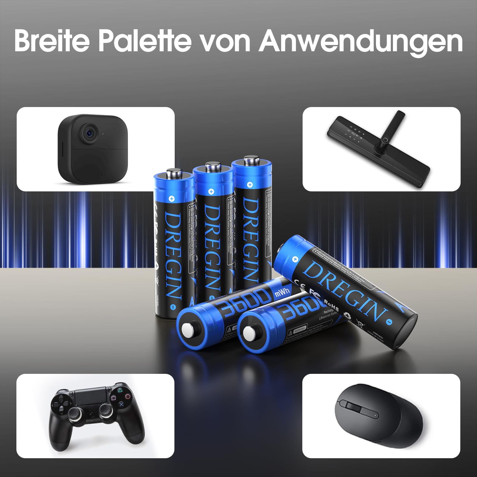 Batterie al litio ricaricabili AA con caricabatterie, 1,5 V, 3600 mWh, ad alta capacità, 2000 cicli, ricaricabili a lungo (blu)
