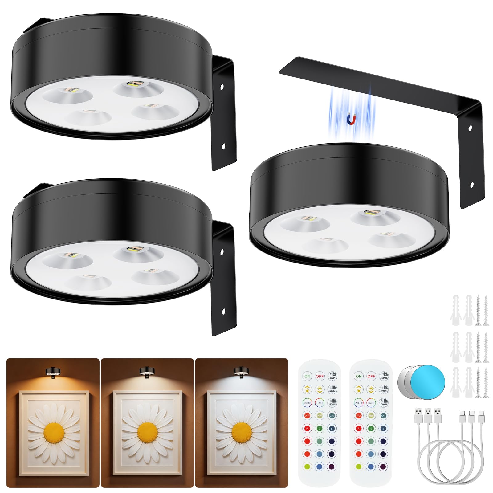 Aplique Luz para Cuadros sin Cable, 13 RGB Luces LED Magnéticas Inalámbricas Recargables, 3PCS, 451LM, Doble Control Remoto/Modo Pulsador, Lámpara de Pared para Cuadros y Pinturas (Negro)