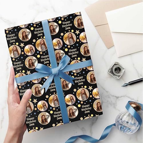 Miniatura 6 de COLORSFORU Papel de regalo personalizado de feliz cumpleaños con foto de nombre fabricado en EE. UU., rollo de papel de regalo personalizado, papel