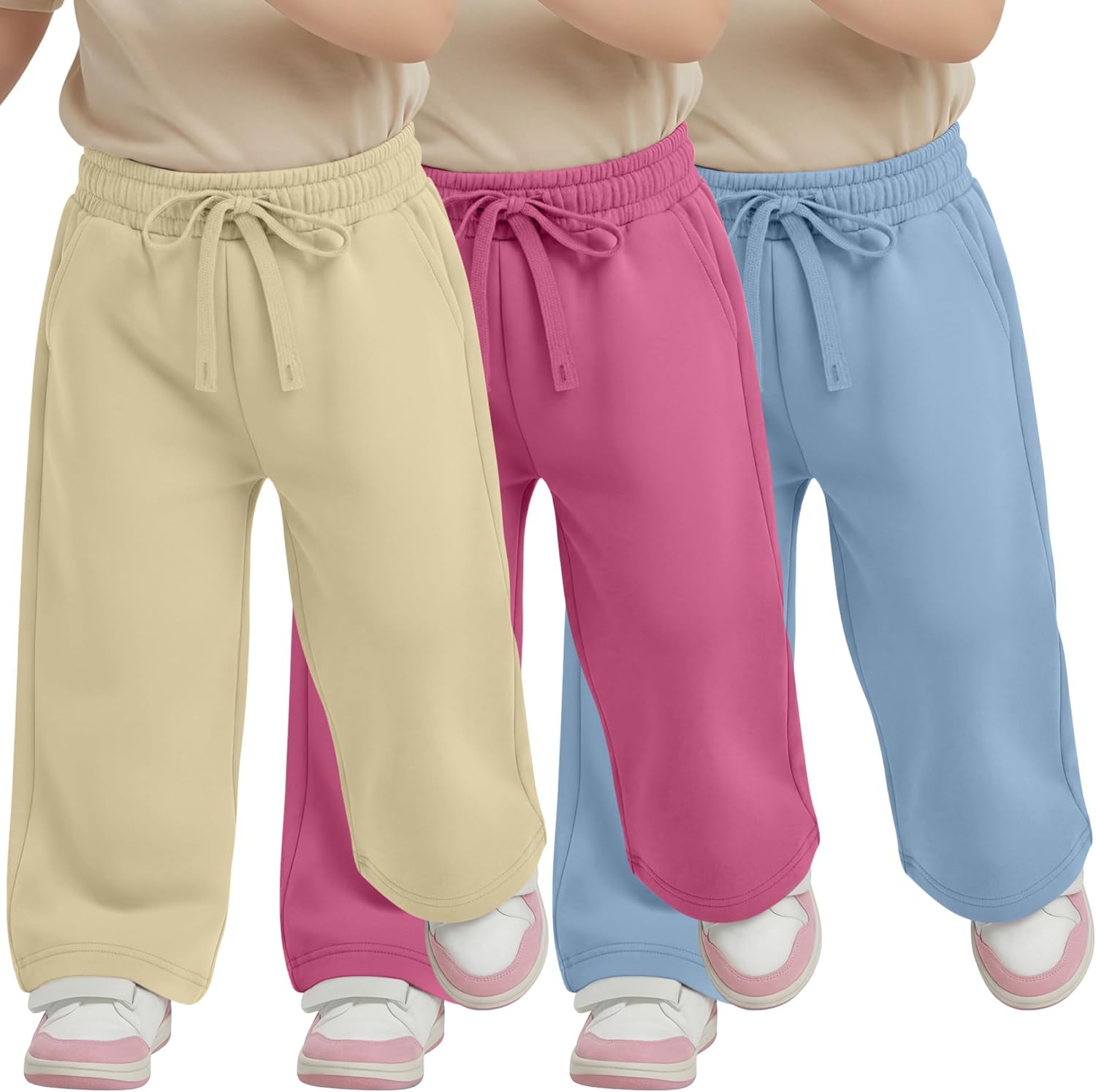 Ficerd 3 Pack Toddler Girls' Wide Leg Sweatpants 18M-5T High Waist Loose Pants Baby Drawstring Baggy Bottoms with Pockets