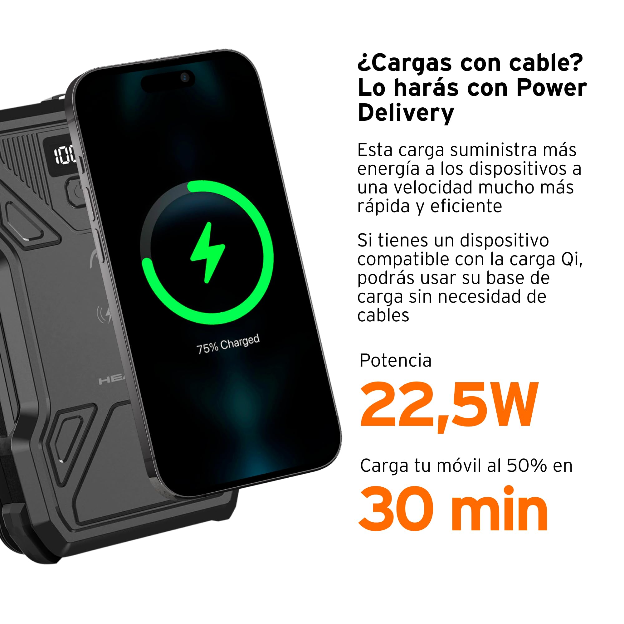 HEAD Power Bank 10000mAh con Linterna, Batería Externa Carga Rápida con Energía Solar, Cargador Portátil Inalámbrico para iPhone y Android, Power Bank USB-C con Diseño Plegable y Cable Incluido