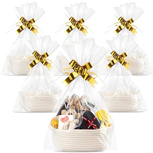 Cesta tejida de 6 tamaños con bolsas de regalo y lazos dorados, cestas ovaladas de cuerda suave con asas, cestas de regalo, cesta vacía de algodón
