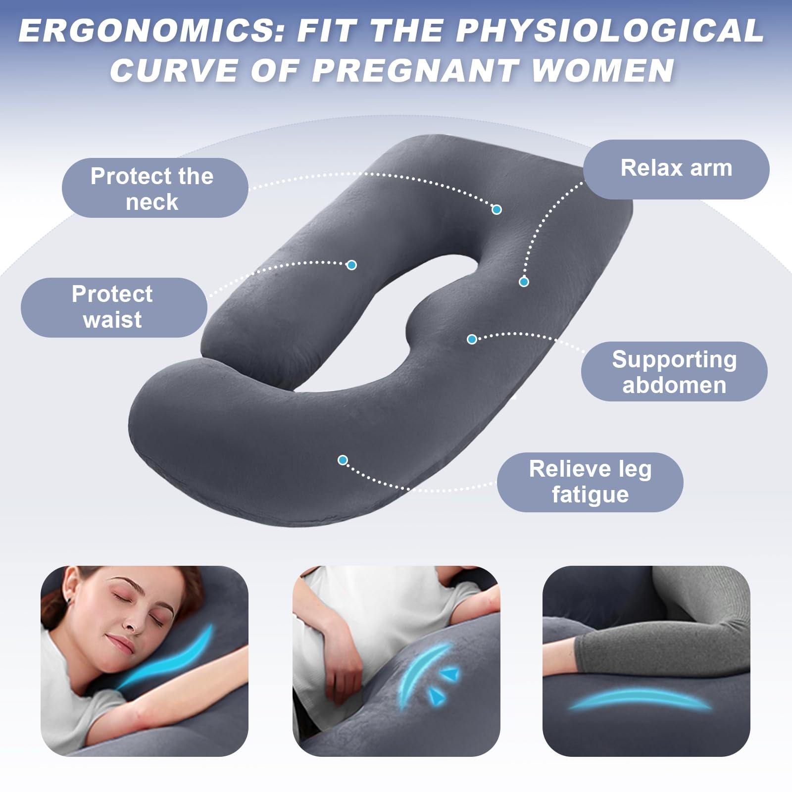 Coussin de Grossesse, Coussin d'allaitement, Oreiller de Grossesse en Forme de J pour Femme Enceinte avec Housse en Velours Amovible, Coussin de Maternité et Corps pour Dormir (Violet Foncé)