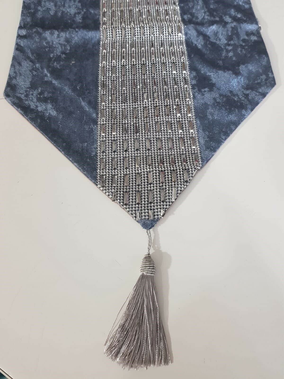 New Diamante Crushed Velvet Table Runner Dining Sparkle Tasseled Edges 198 x 32 cm (Silver, 198 x 32 cm)