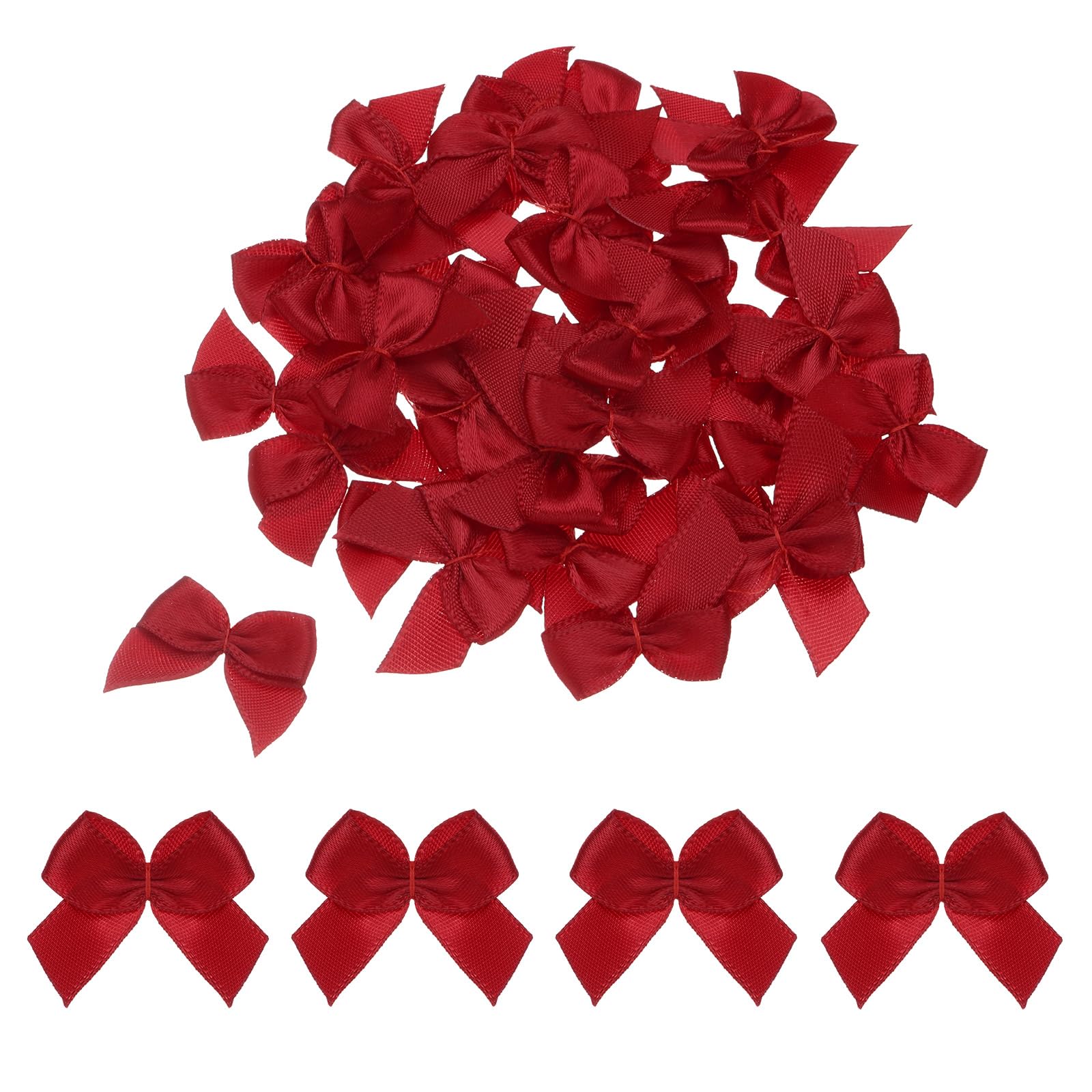 MECCANIXITY 50Pcs Mini Ribbon Bow 1" Mini Fabric Satin Ribbon Flower Bows for Craft DIY Sewing Wedding Birthday Party Gift Wrap Bows Wine Red