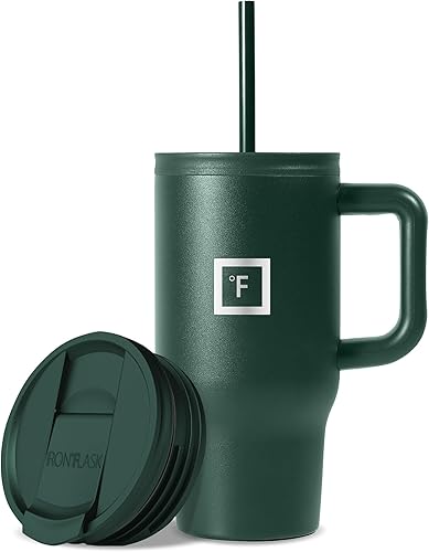 Miniatura 92 de IRON °FLASK Co-Pilot Taza térmica con popote y tapas abatibles, botella con asa para bebidas calientes o frías, a prueba de fugas, para agua o café