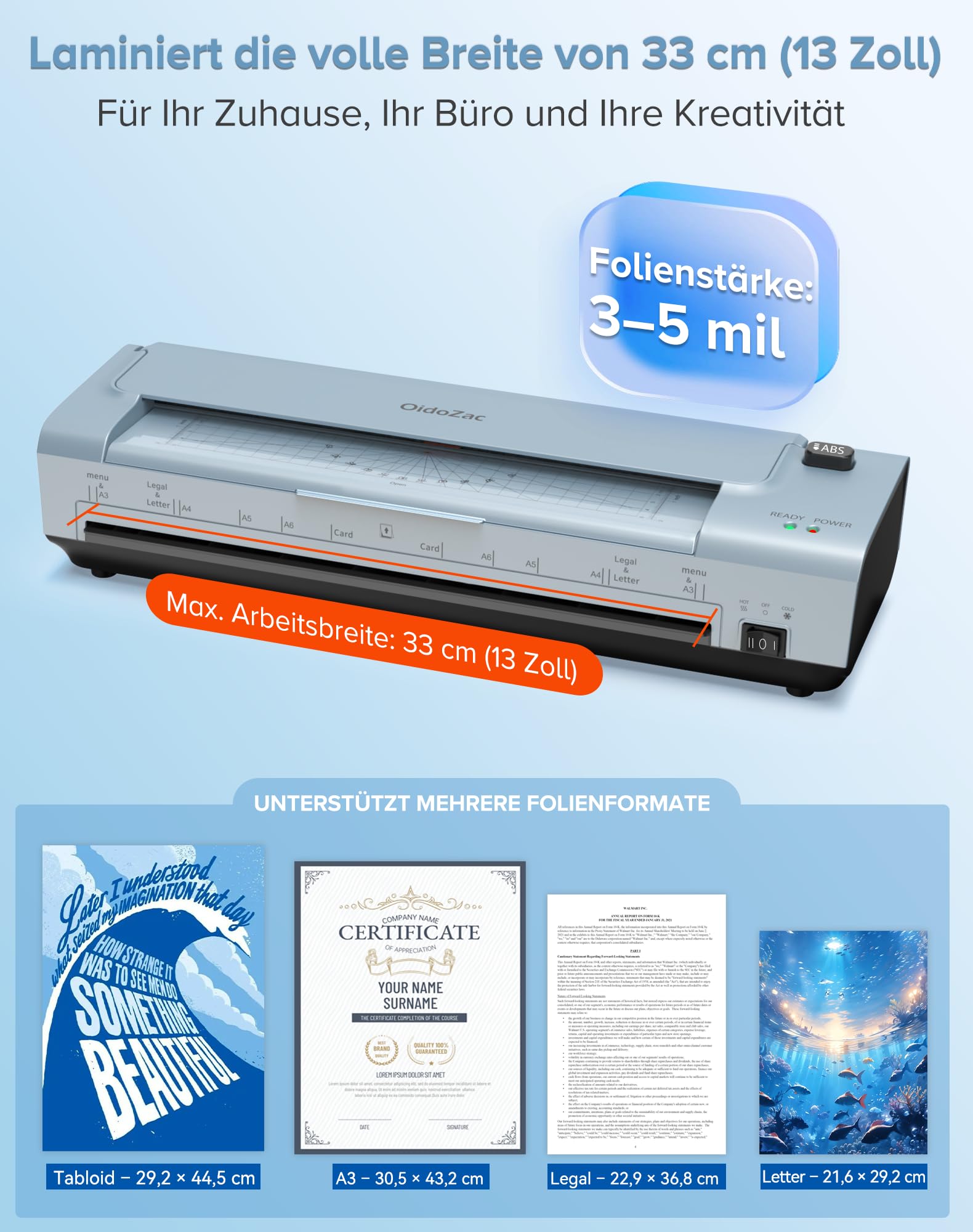 Plastifieuse A3/A4 13" avec 20 pochettes de plastification, plastifieuse à chaud et à froid, ABS anti-bourrage, plastifieuse 10 en 1 avec cutter, tondeuse et arrondisseur d'angles pour bureau, école