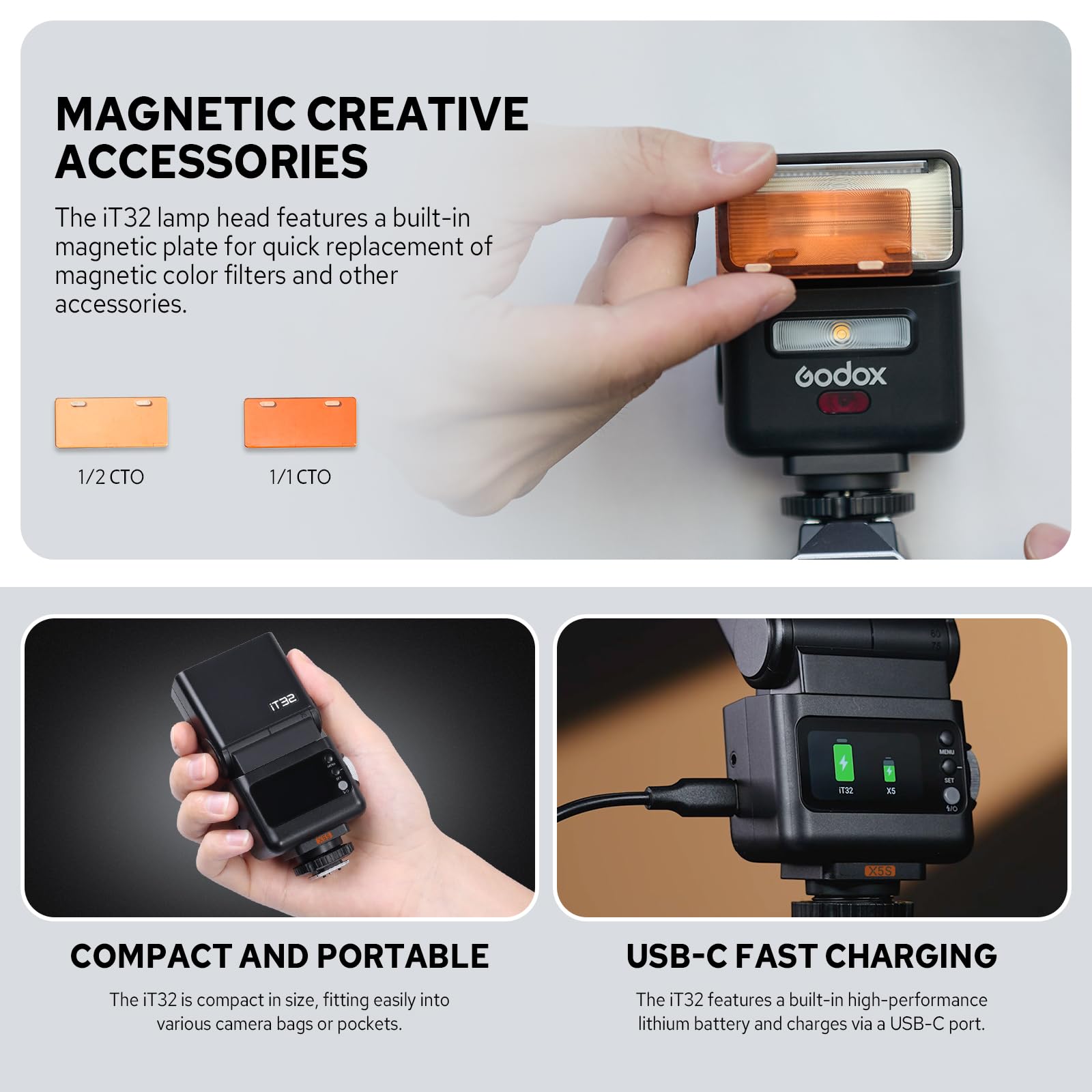 Godox IT32 TTL Kamerablitz mit X5S-Blitzauslöser für Sony-Kameras, magnetischer Blitzschuh und Auslöser, 2-in-1, bunter Touchscreen, drehbarer Blitzkopf, X-System TTL und HSS, LED-Modellierlampe