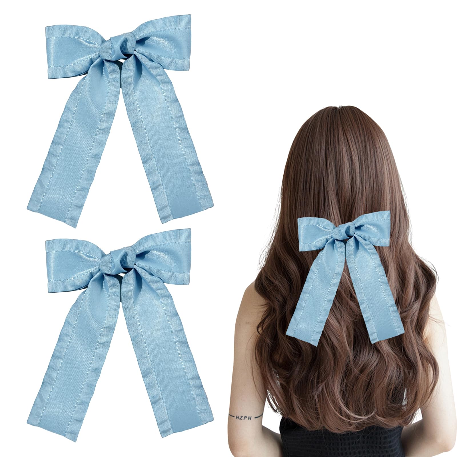 Blue Hair Bow - ShiningUU 2PCS Satin Ruffle Bow Clip with Long Tail, 1 count (Pack of 2)