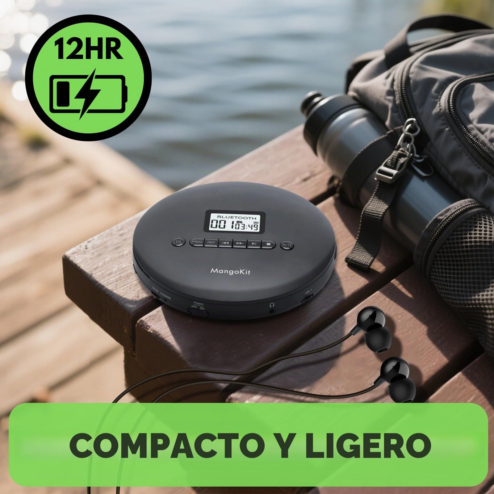 CD-X Reproductor CD Portátil, Bluetooth, Recargable, Antisalto | AUX para coche, batería 12h, lee CD/CD-R/CD-RW/MP3/WMA, carga USB, auriculares incluidos, ideal para viajar y audiolibros