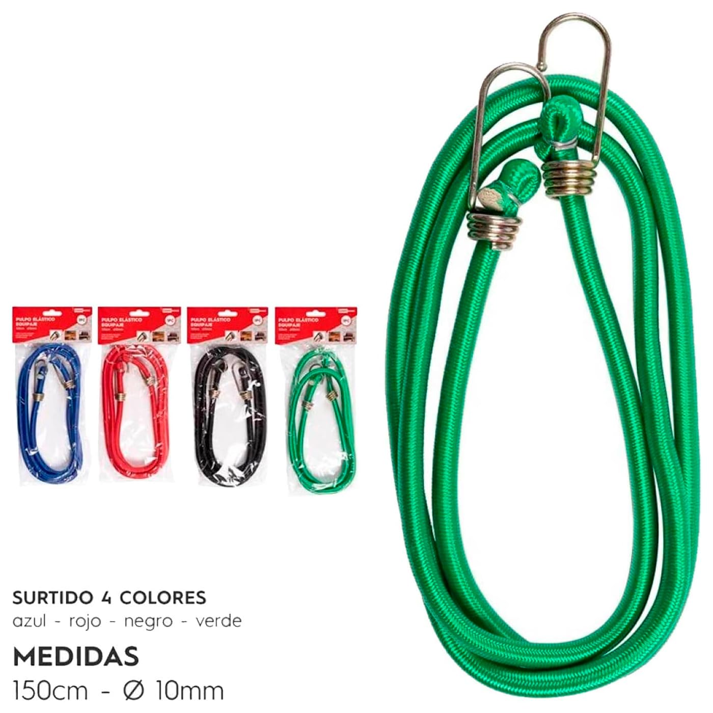 Acan Tradineur - Pack de 6 Pulpos Trenzados elásticos con Gancho de plástico - Longitud de 150 cm - Cuerda elástica Multiusos - Fabricado en PVC - Ø 10 mm x 150 cm - Color Aleatorio