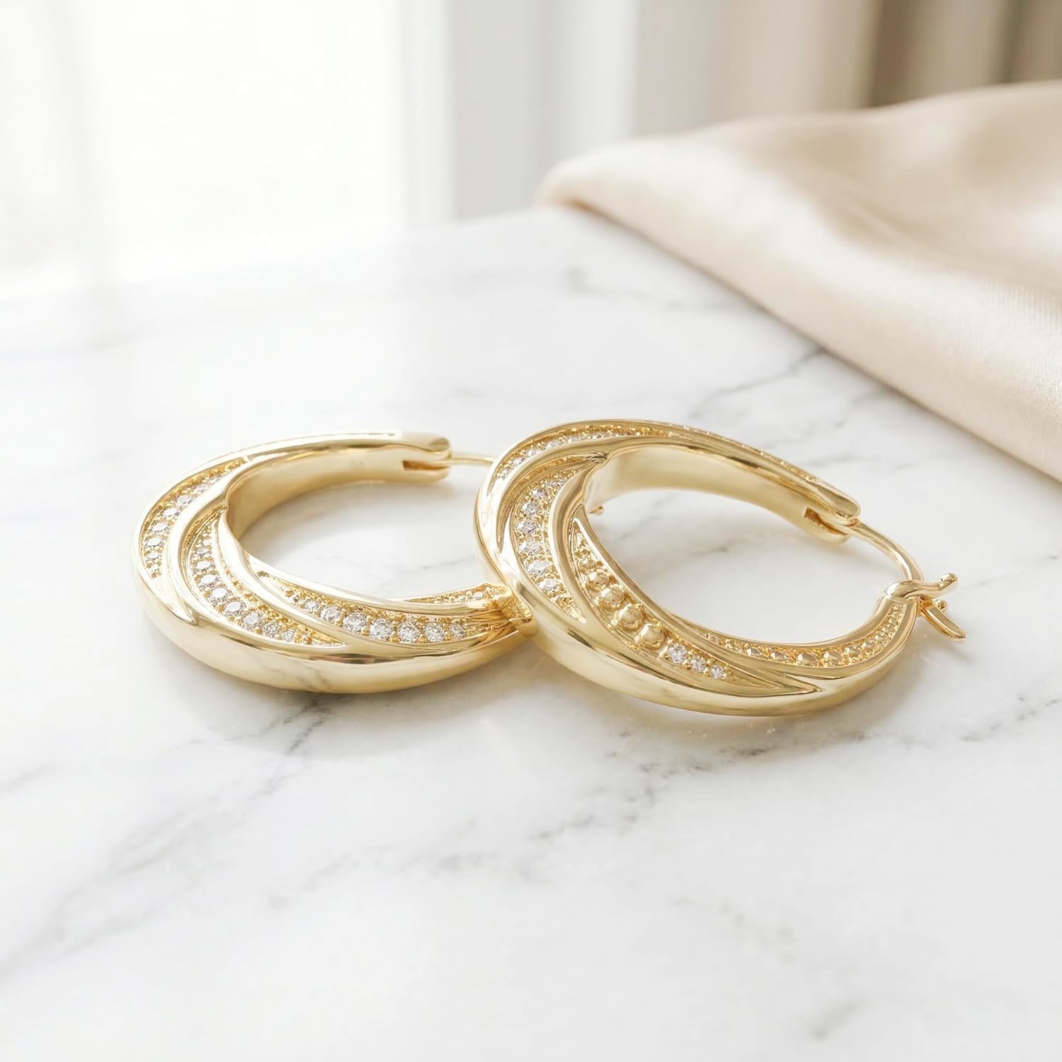 14K Gold Hoop Earrings for Women Rotating Ball Design Small Comfortable Everyday Jewelry