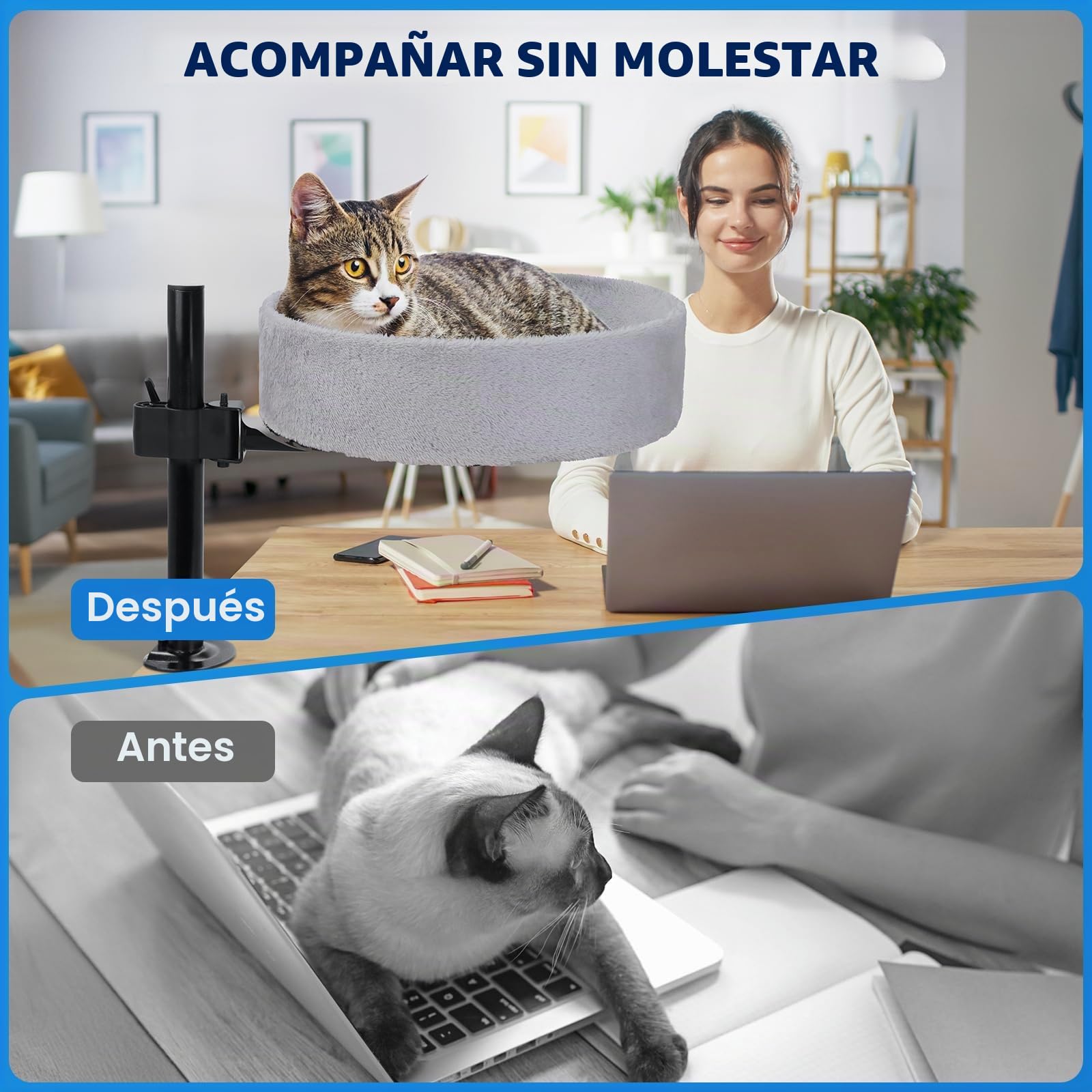 BSWAY Cama para Gatos para Escritorio, sin taladrar, rotación de 360°, Altura Ajustable, casa elevada para Gatos sobre el Escritorio (​​Gris, XL)