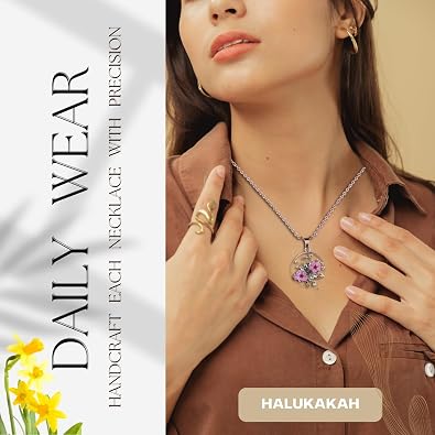 Halukakah 18k Gold/Rose Gold Plated Wild Flower Necklace for Women,Handmade Queen Anne's Lace Pressed,Unique Resin Birth Flower Jewelry Gift for Her,Real Flowers in Bezel Pendant,18 Chain