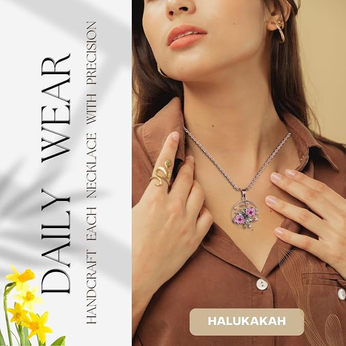 Halukakah 18k Gold/Rose Gold Plated Wild Flower Necklace for Women,Handmade Queen Anne's Lace Pressed,Unique Resin Birth Flower Jewelry Gift for Her,Real Flowers in Bezel Pendant,18 Chain