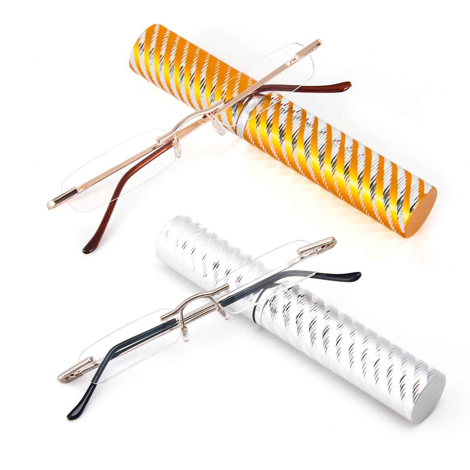 DXYXYO Mini Rimless Reading Glasses for Women Men, 2 Pack Slim Pocket Compact Metal Readers with Small Portable Case